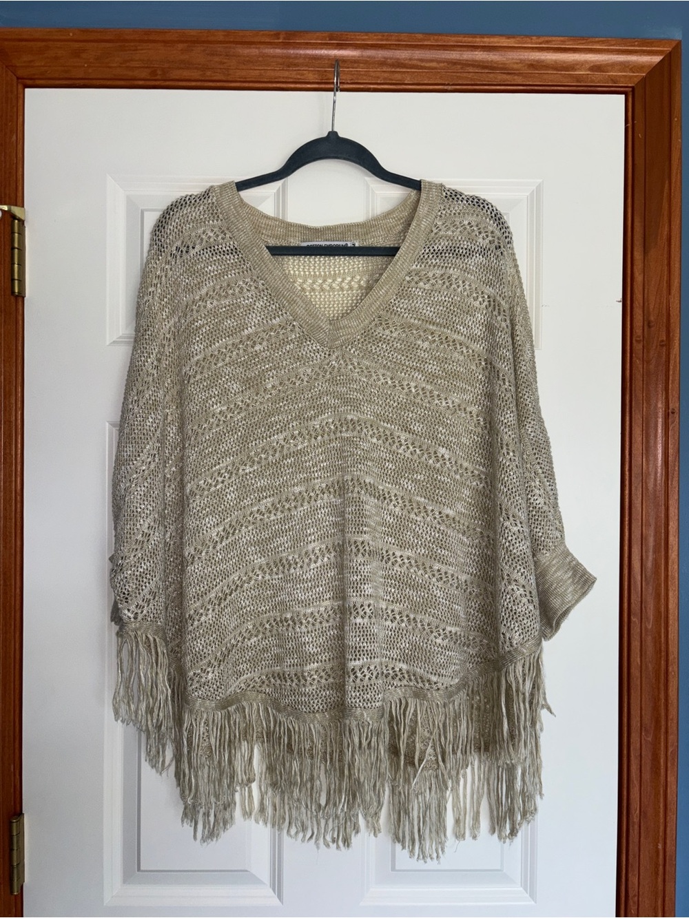 Cotton Emporium Beige V‑Neck Fringe Sweater Poncho